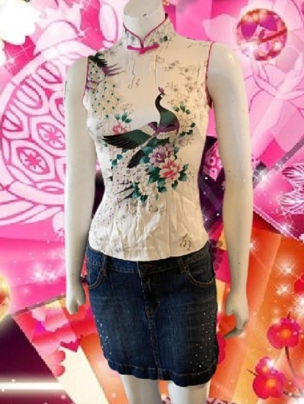 Y2K asian style women's S multicolored 100% silk peacock & flora cheongsam Top